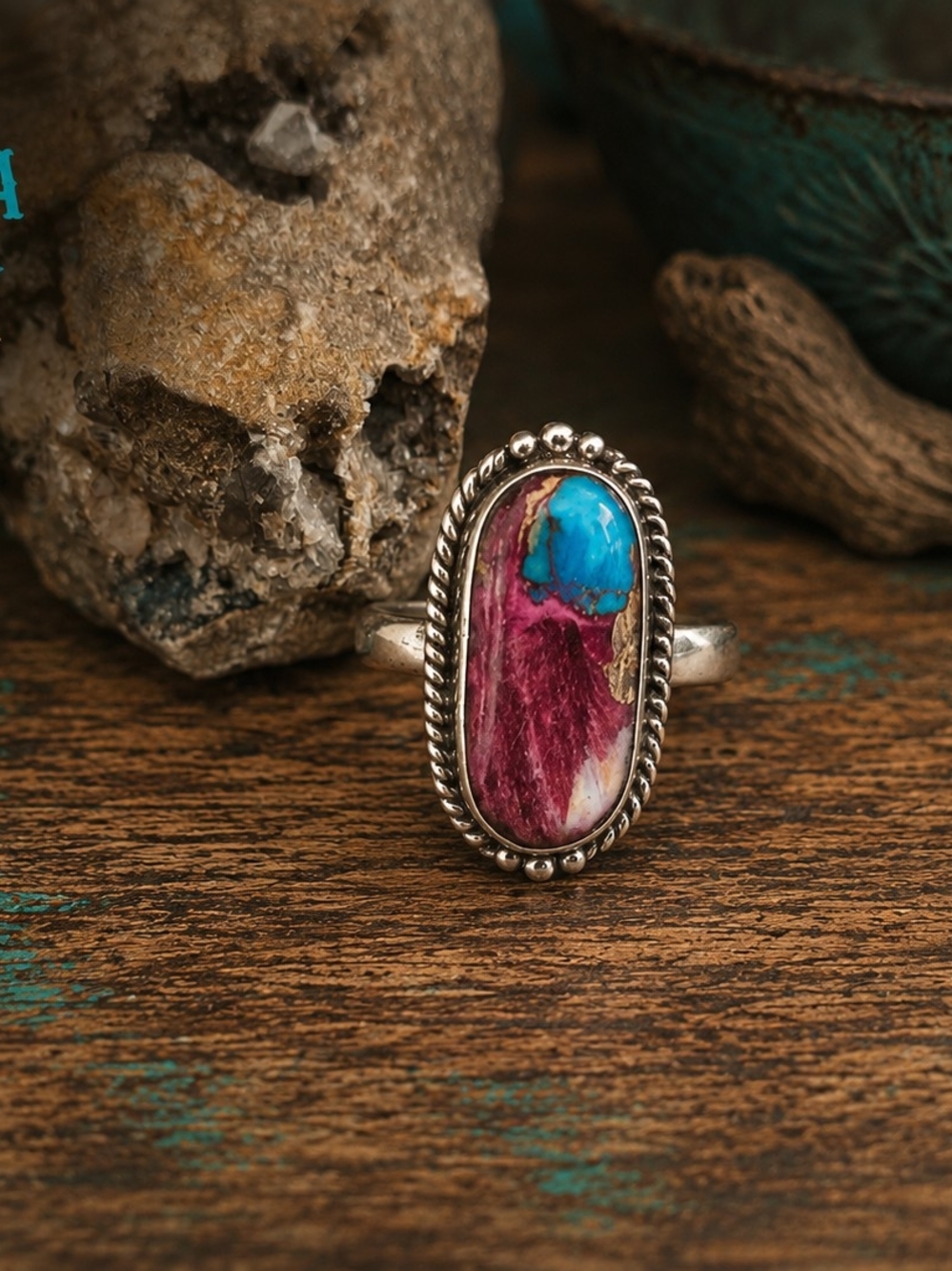 Maroon Gold Turquoise Ring Size 8m5